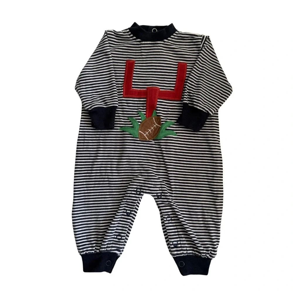 Striped Football Baby One Piece Smocked Appliqué